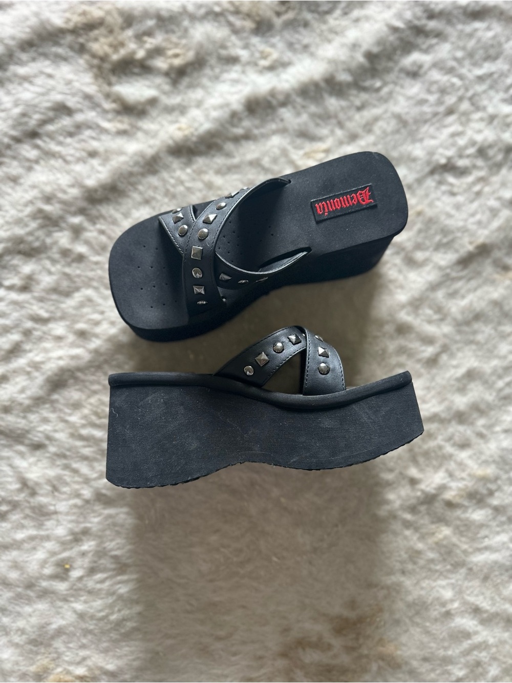 Demonia Black Studded Platform Flip Sandals